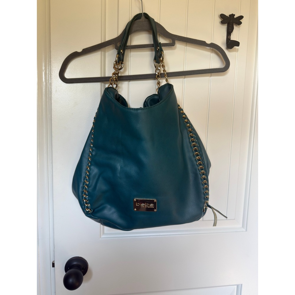 Bebe Los Angeles Teal Blue Pebbled Hobo Bag Gold Chain Whipstitch Shoulder Bag